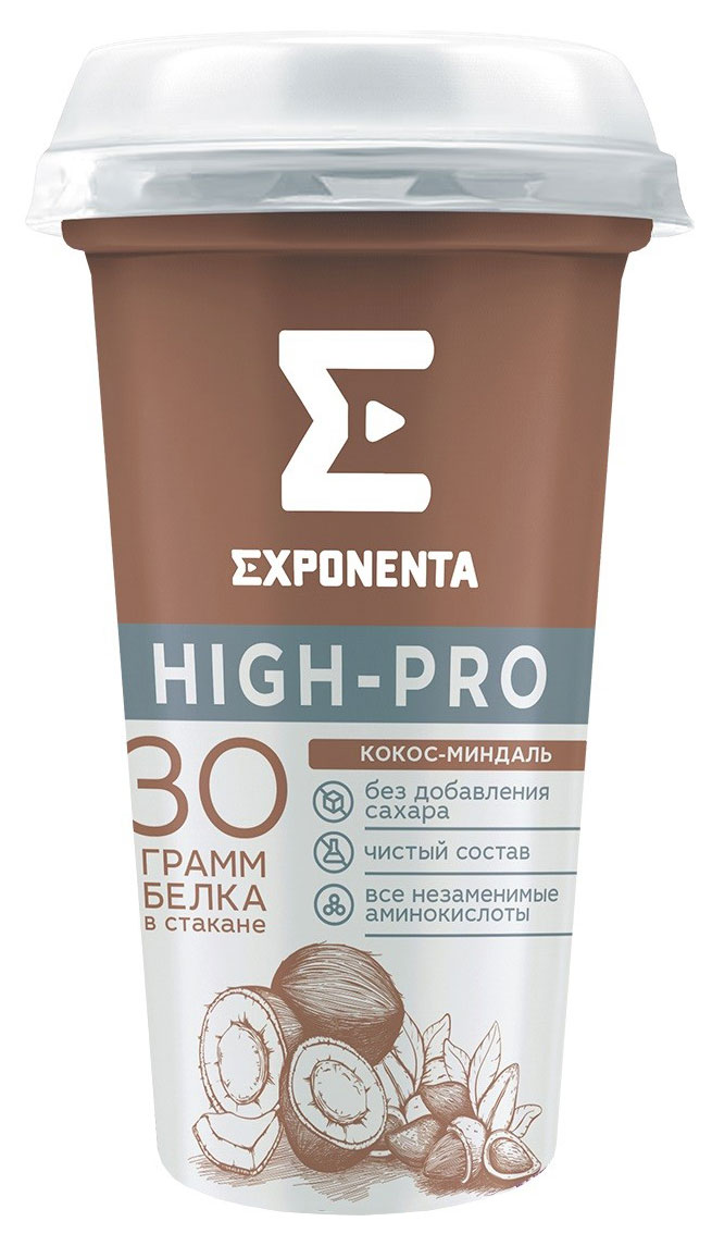 Напиток кисломолочный Exponenta High-Pro кокос-миндаль высокобелковый без добавления сахара 0% БЗМЖ Беларусь охлажденный, 250 мл