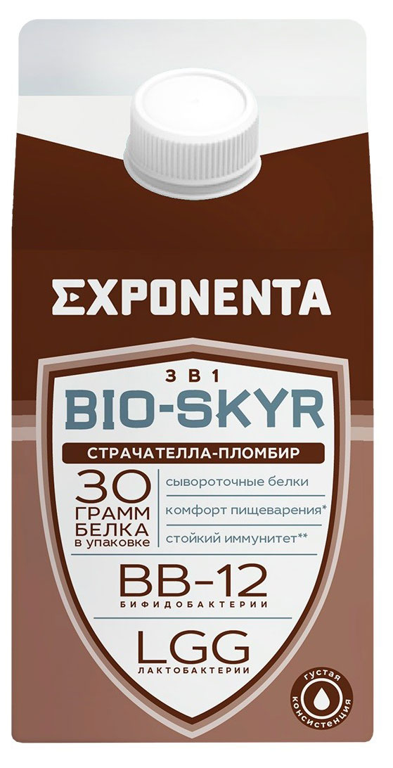 Напиток кисломолочный Exponenta Bio-Skyr 3 в 1 страчателла-пломбир высокобелковый без добавления сахара Беларусь охлажденный, 500 г
