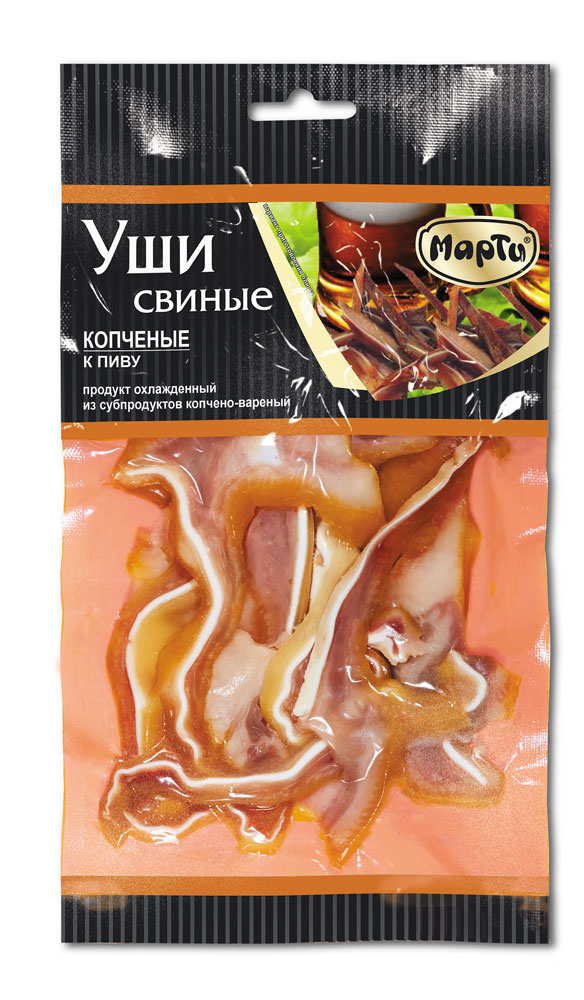 Мясные снеки Уши варено-копченые Марти свиные к пиву, 100 г