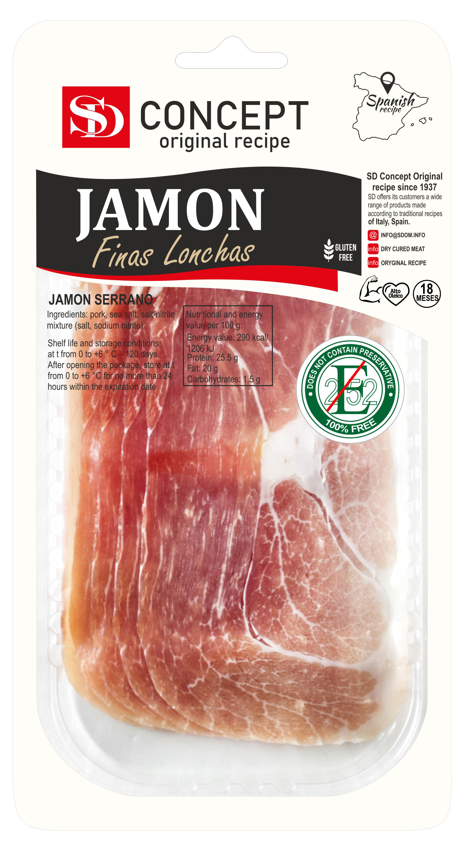Вяленое мясо Хамон Серрано сыровяленый SD Concept Jamon Serrano Finas Lonchas свиной окорок без глютена нарезка, 50 г