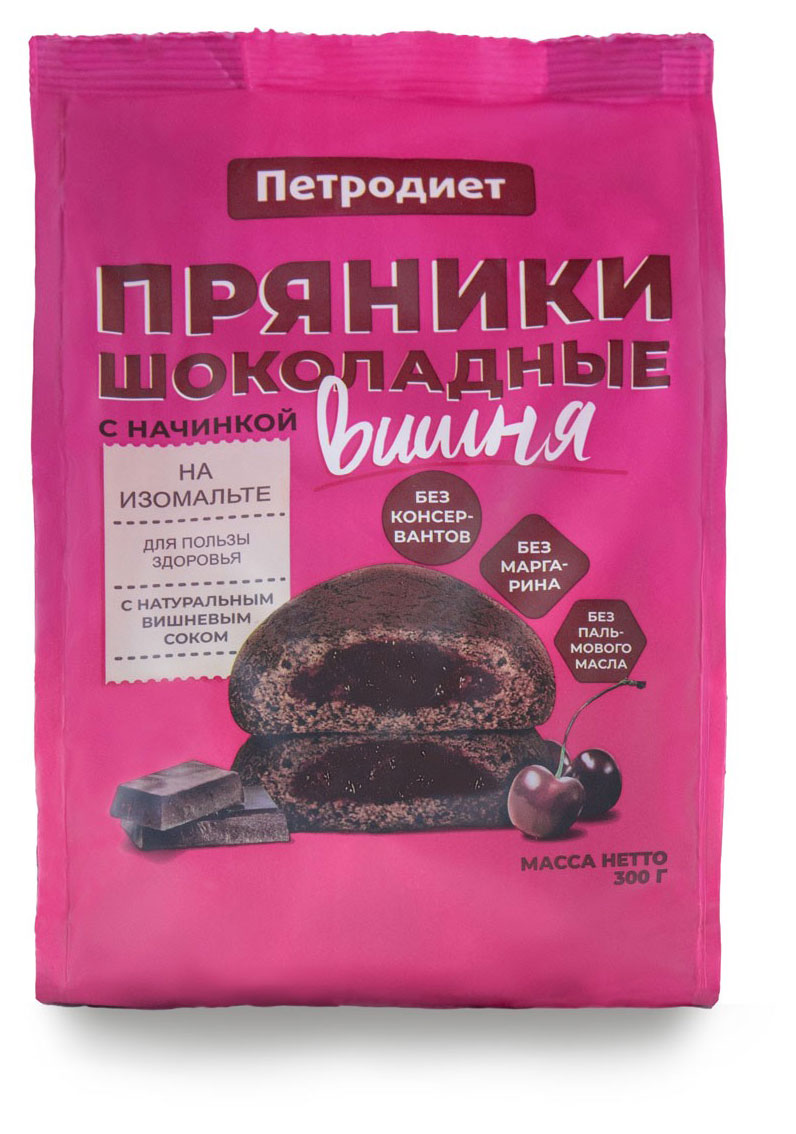 Пряники Петродиет Шоколадные с вишневой начинкой на изомальте, 300 г