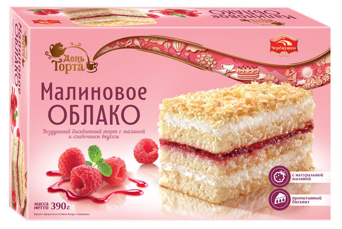 Торт бисквитный День торта Малиновое облако с нежной сливочной начинкой и джемом из малины, 390 г