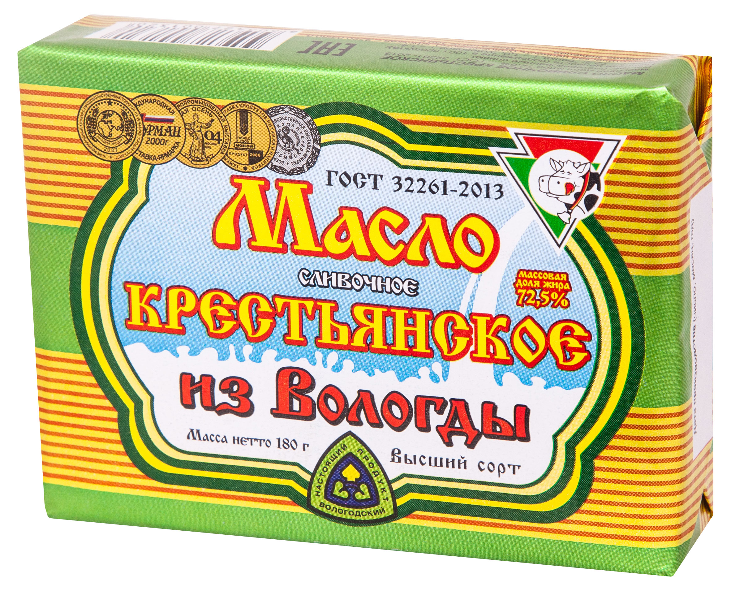Масло сливочное Из Вологды Крестьянское высший сорт брикет 72,5% ГОСТ БЗМЖ, 180 г