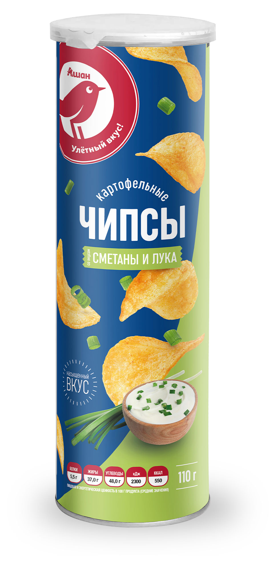 Чипсы картофельные АШАН Красная птица сметана и лук, 110 г