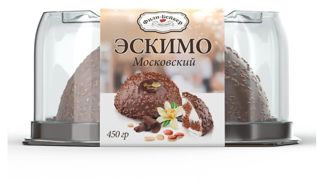 Торт бисквитный воздушно-шоколадный Фили-Бейкер Эскимо Московский с добавлением жаренного арахиса охлажденный, 450 г