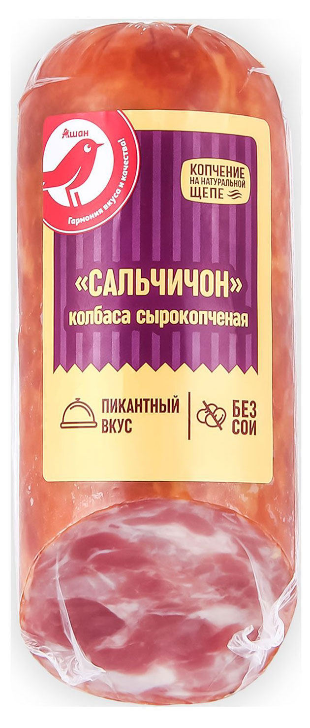 Колбаса сырокопченая АШАН Красная птица Сальчичон без сои на натуральной щепе, 300 г