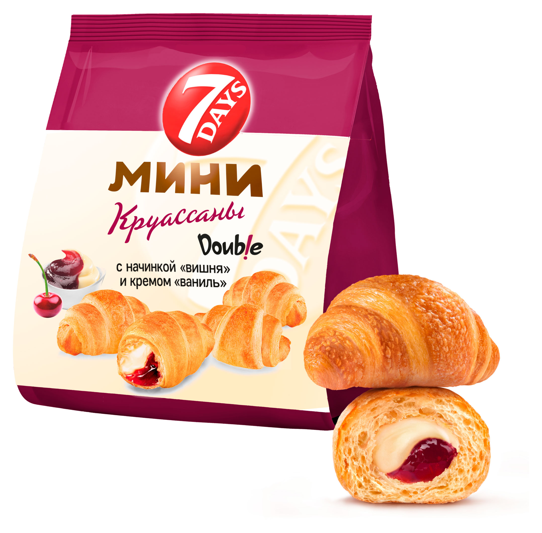 Мини-круассаны 7Days с двойной начинкой вишня и с кремом со вкусом ваниль, 265 г