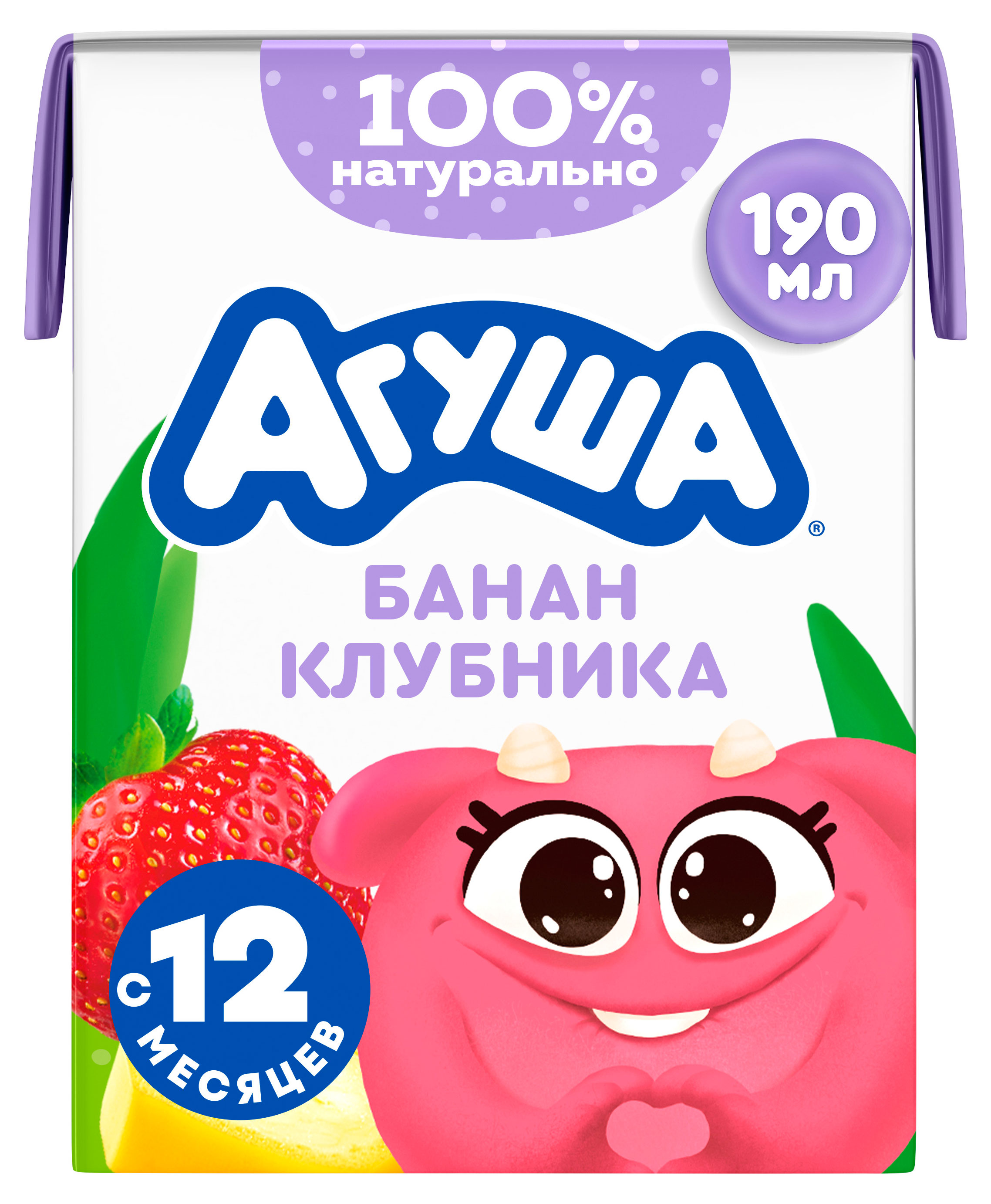 Коктейль молочный детский Агуша Клубника-Банан с ягодным соком 2% БЗМЖ с 12 мес, охлажденный, 190 мл