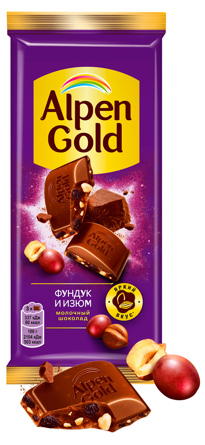 Шоколад молочный Alpen Gold с фундуком и изюмом, 80 г