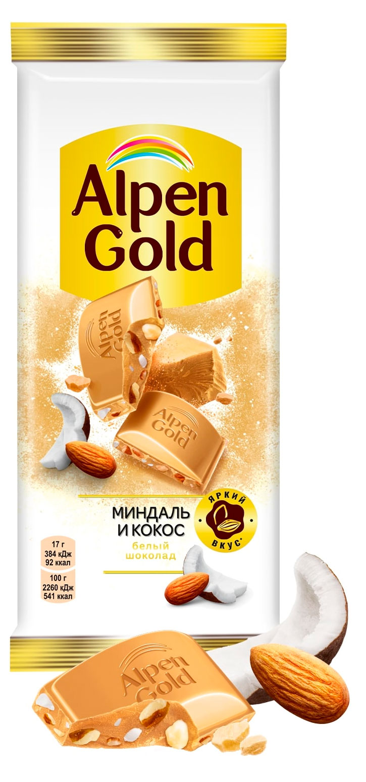 Шоколад белый Alpen Gold с миндалем и кокосовой стружкой, 80 г