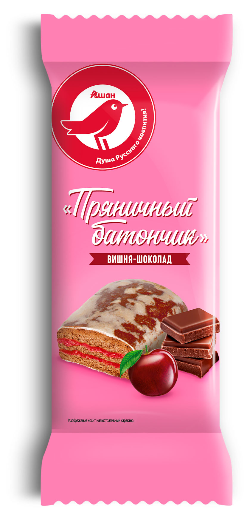 Батончик пряничный АШАН Красная птица вишня-шоколад, 90 г