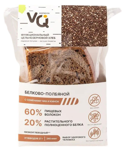 Хлеб белково-полбяной VQ формула с семенами чиа и киноа без добавления сахара на закваске нарезка, 250 г