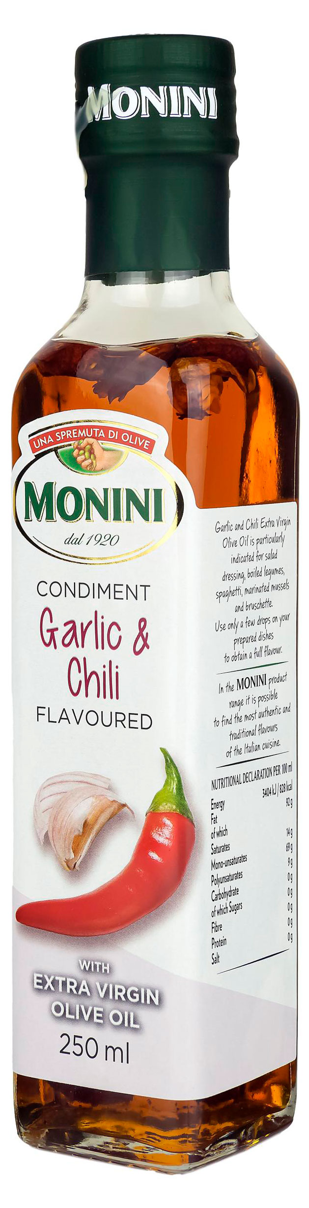Масло оливковое Monini Extra Virgin нерафинированное с чесноком и перцем, 250 мл