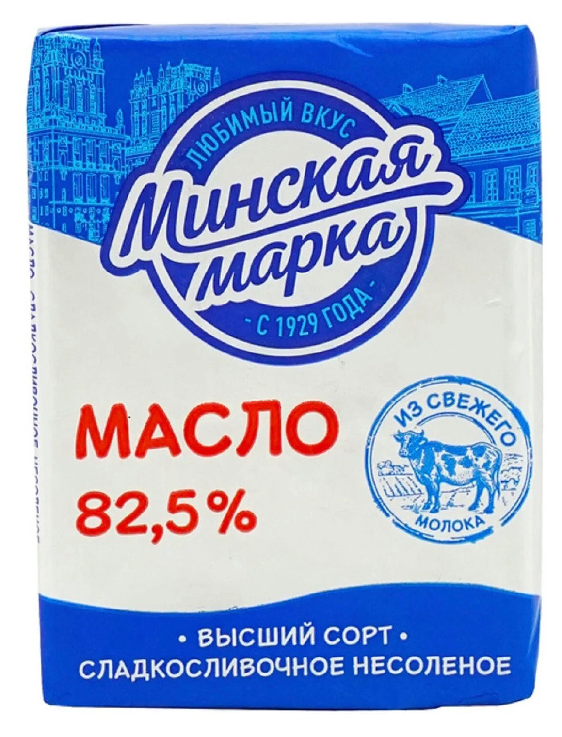 Масло сливочное Минская марка Традиционное сладкосливочное несоленое высший сорт брикет 82,5% БЗМЖ Беларусь, 180 г