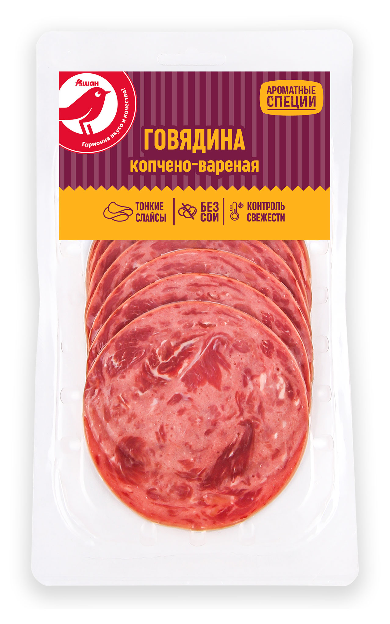 Копченое мясо Говядина копчено-вареная АШАН Красная птица отборная нарезка охлажденная, 100 г
