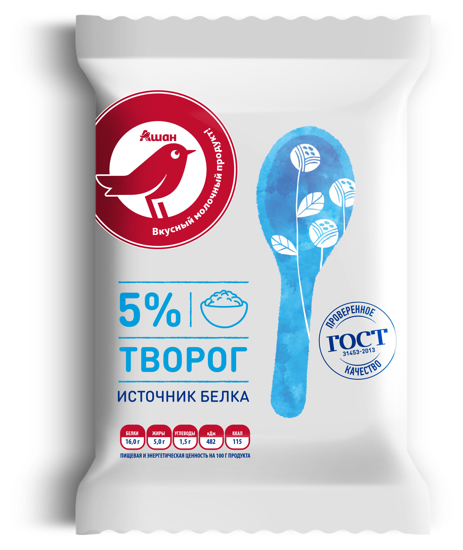 Творог классический АШАН Красная птица брикет 5% ГОСТ БЗМЖ, 180 г