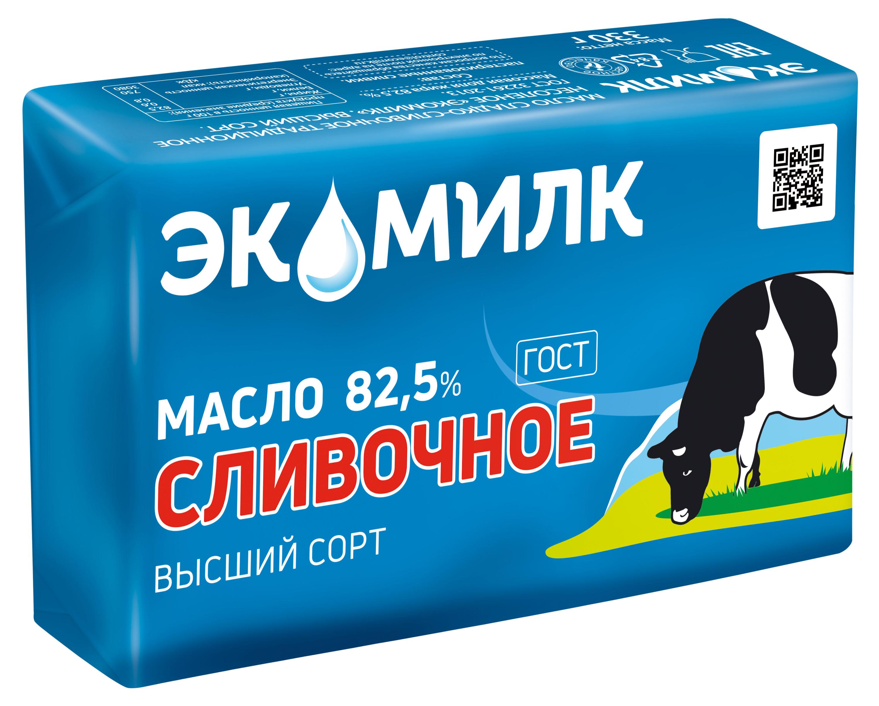 Масло сладко-сливочное Экомилк Традиционное несоленое высший сорт брикет 82,5% ГОСТ БЗМЖ, 330 г