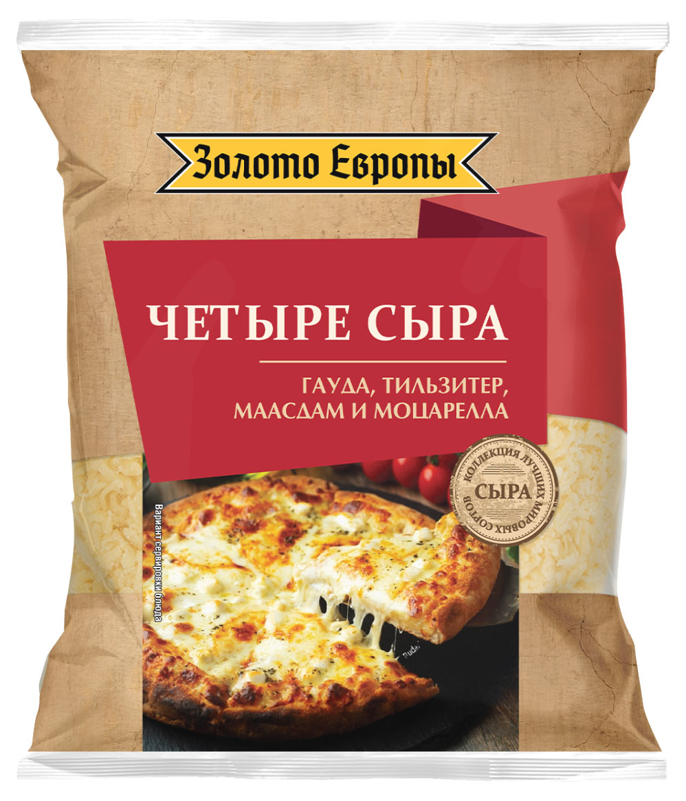 Сыр тертый Золото Европы Ассорти 4 сыра Гауда Тильзитер Маасдам Моцарелла в пакете БЗМЖ, 150 г