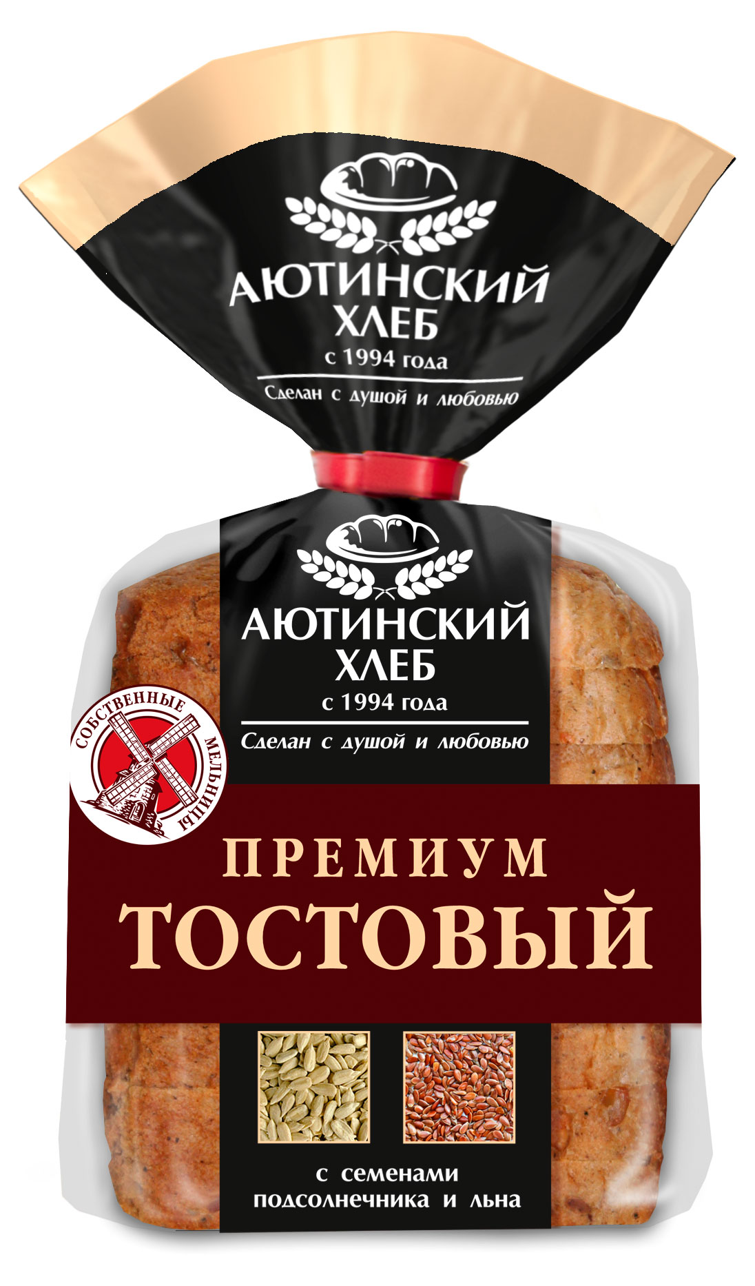 Хлеб ржано-пшеничный серый Аютинский Хлеб Премиум тостовый с семенами подсолнечника и льна нарезка, 330 г