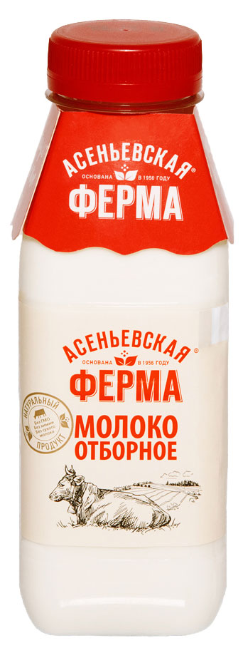Молоко отборное пастеризованное питьевое Асеньевская ферма цельное фермерское 3,4-6% ГОСТ БЗМЖ охлажденное, 330 мл