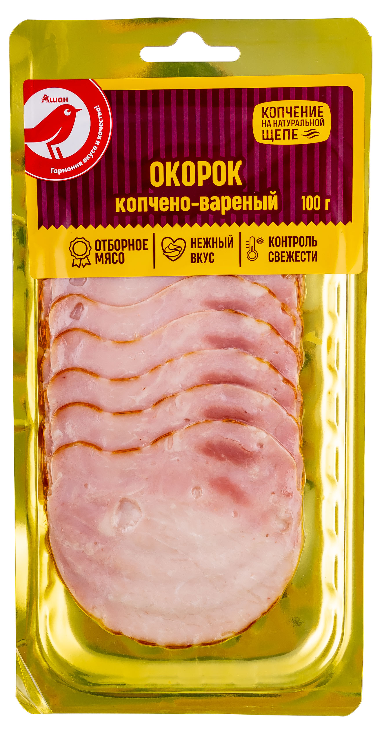 Окорок свиной копчено-вареный АШАН Красная птица нарезка, 100 г