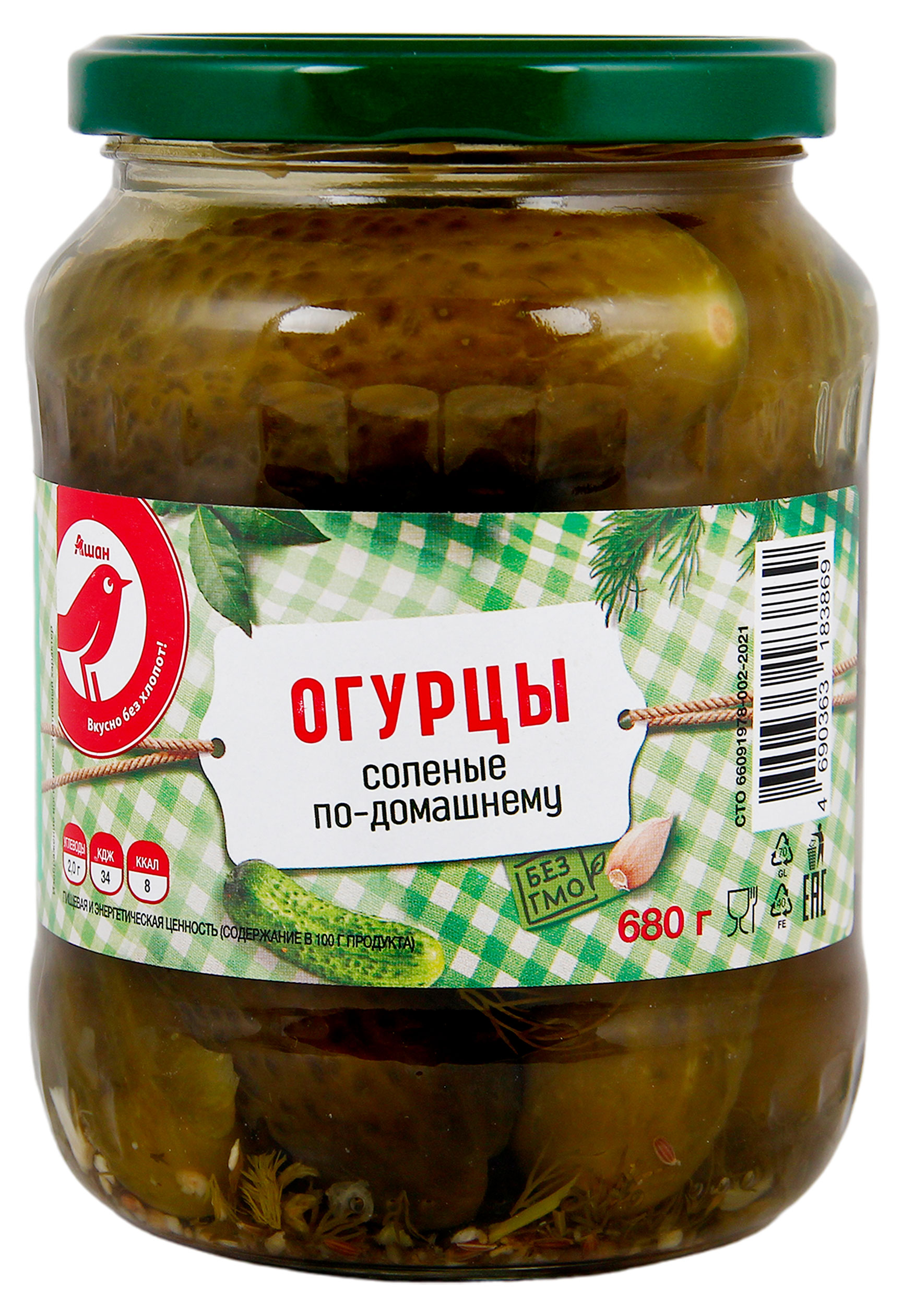 Огурцы соленые АШАН Красная птица По-домашнему, 680 г