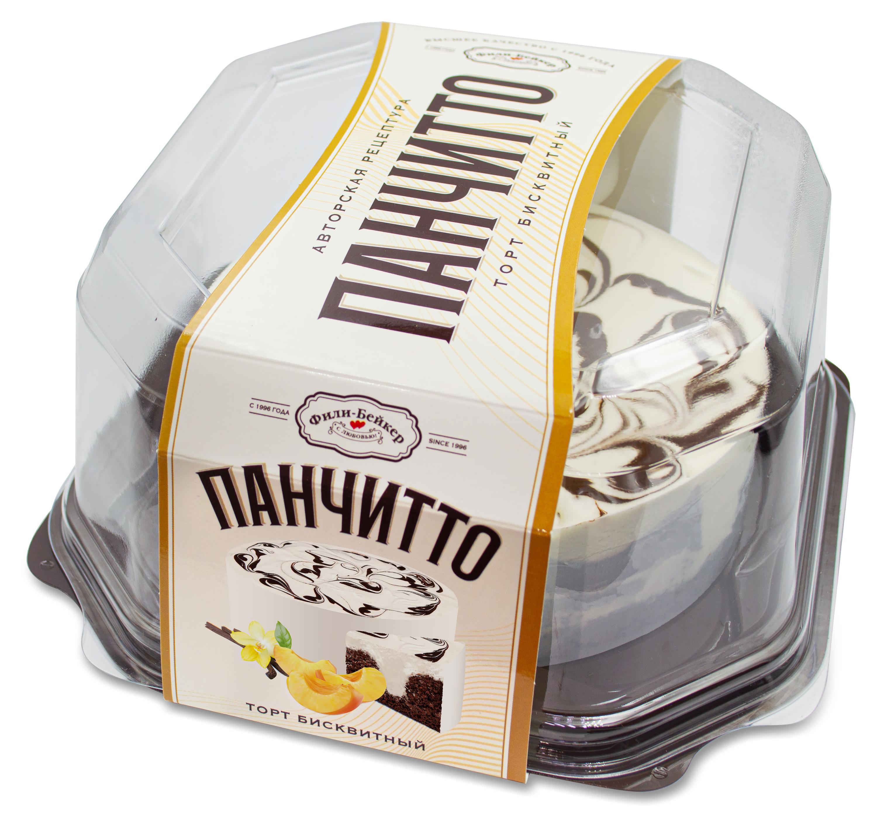 Торт шоколадно-бисквитный Фили-Бейкер Панчитто со вкусом пломбира и ванили с кусочками персика охлажденный, 450 г