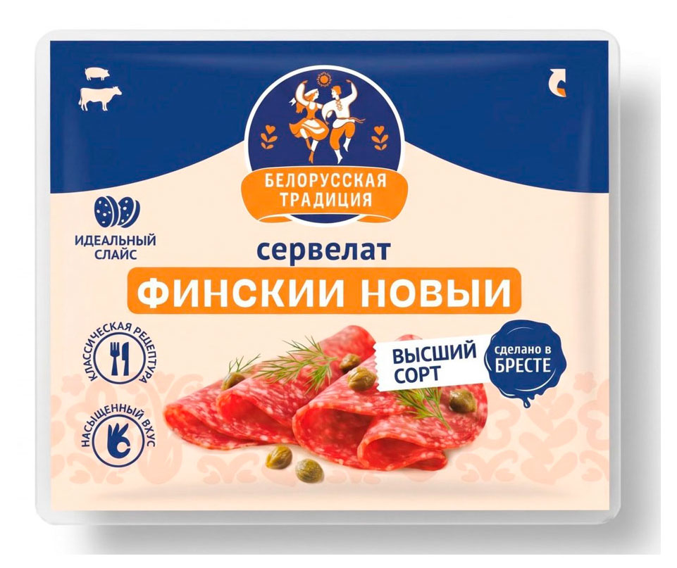 Колбаса варено-копченая Белорусские традиции Сервелат Финский новый нарезка Беларусь, 80 г