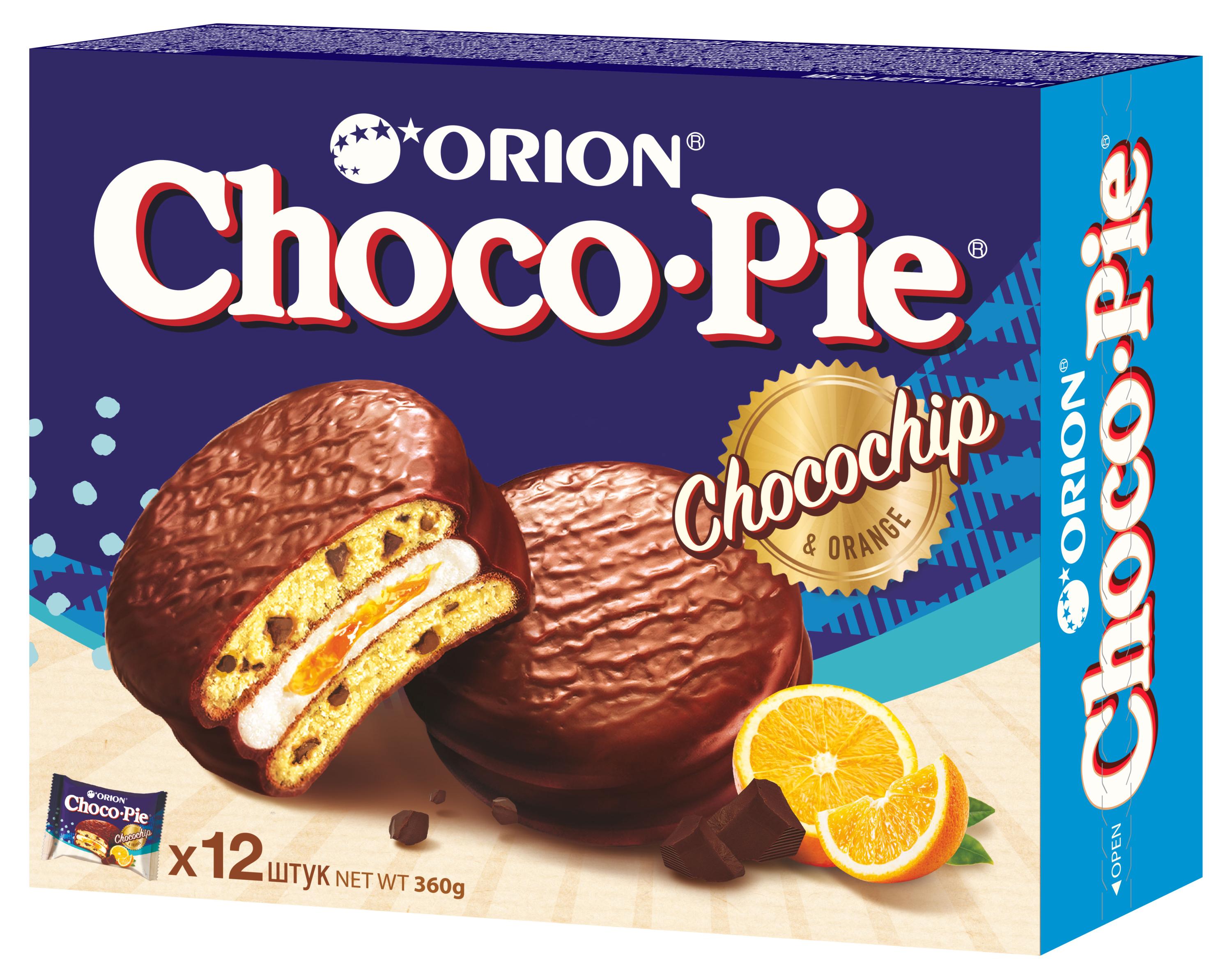 Пирожное бисквитное Orion Choco Pie c апельсиновым джемом и шоколадной крошкой, 360 г