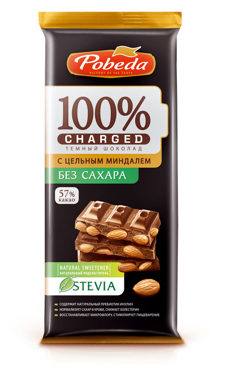 Шоколад Победа вкуса Тёмный без добавления сахара с цельным миндалем Чаржед, 90 г