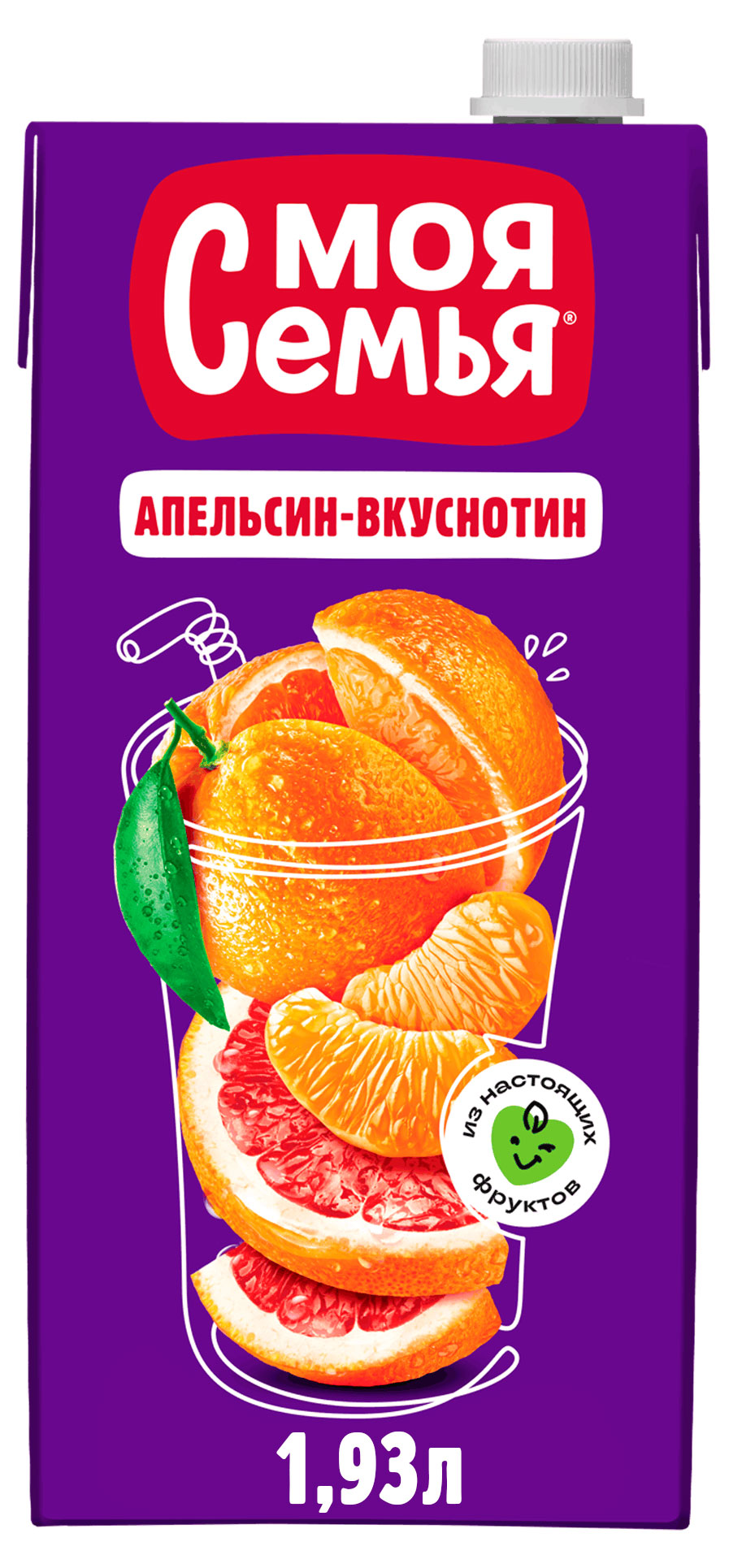 Напиток сокосодержащий Моя семья Апельсин-Вкуснотин из апельсина мандарина и грейпфрута, 1,93 л