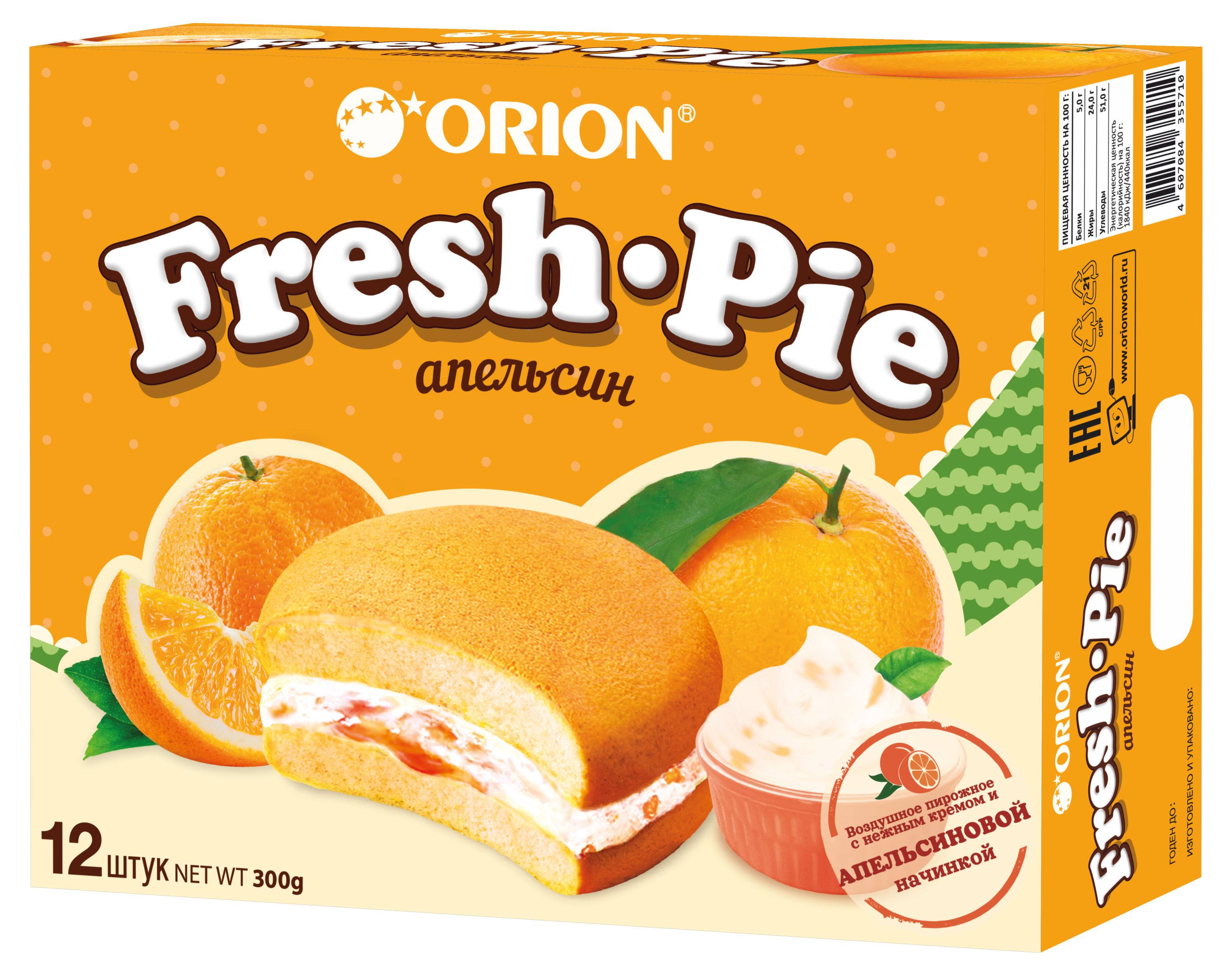 Пирожное бисквитное Orion Fresh Pie с апельсиновой начинкой 12 шт, 300 г