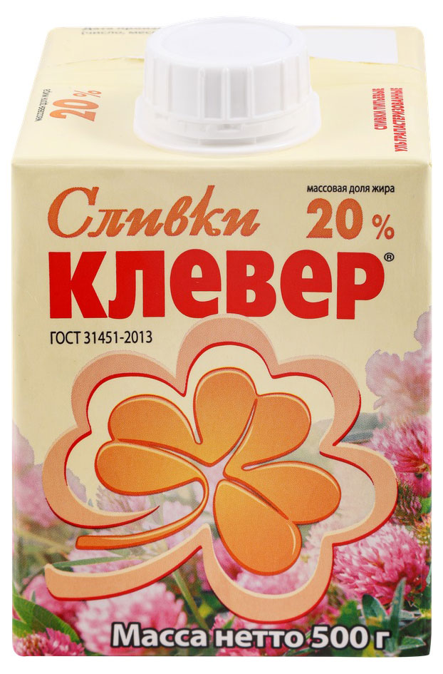 Сливки стерилизованные Пискаревское Клевер из цельного молока 20% БЗМЖ, 500 г