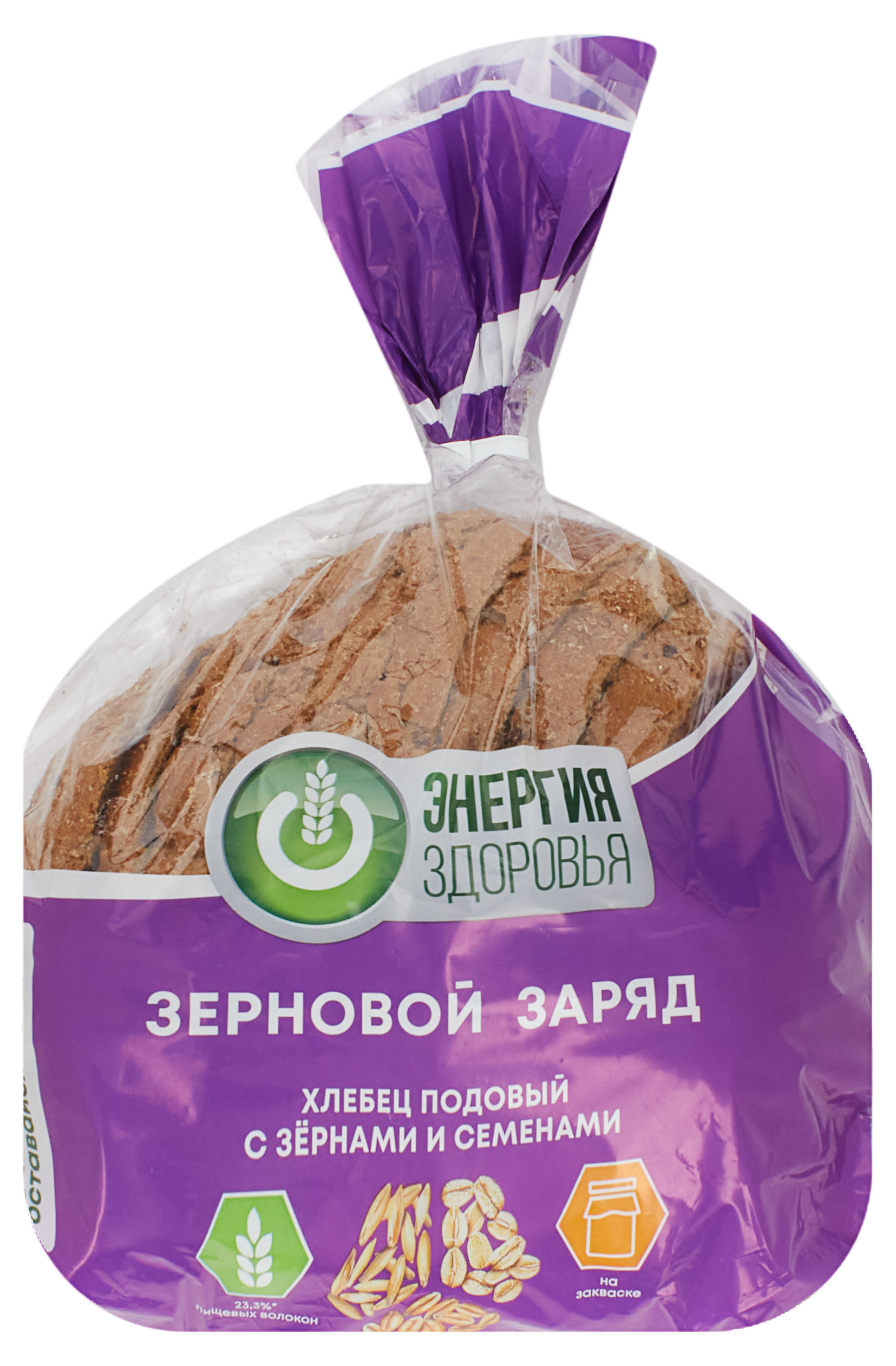 Хлебец ржано-пшеничный серый Хлебный Дом Зерновой заряд подовой с отрубями, семенами льна и подсолнечника на закваске формовой круглый нарезка, 300 г