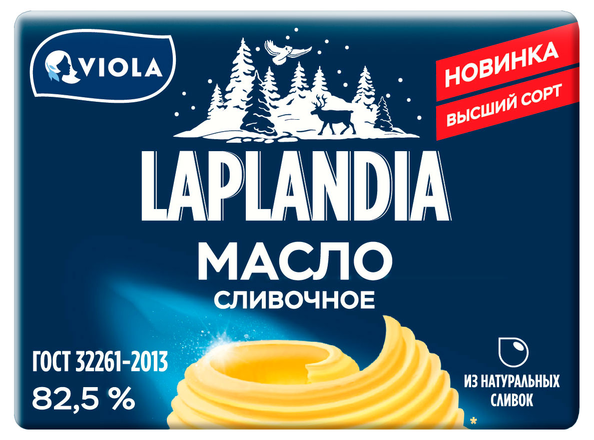 Масло сливочное Viola Laplandia Традиционное сладкосливочное несоленое высший сорт брикет 82,5% ГОСТ БЗМЖ, 180 г