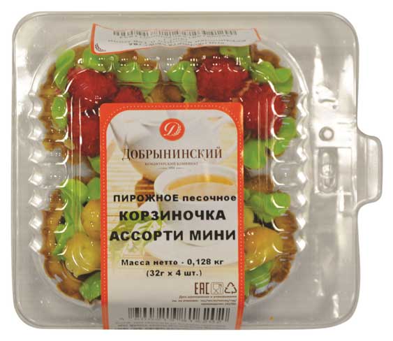 Пирожное песочное Добрынинский Корзиночка мини ассорти охлажденное 4 шт, 128 г