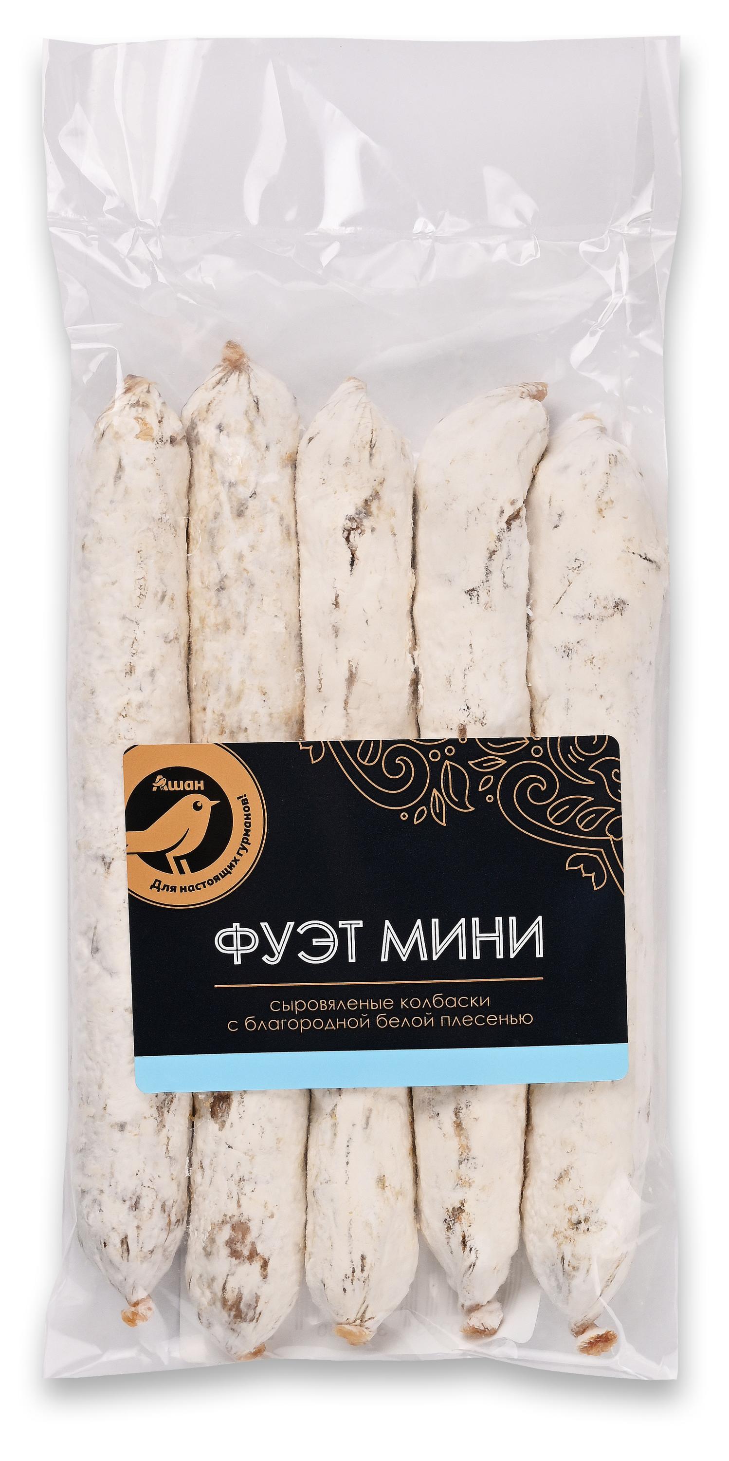 Мясные снеки Колбаски сыровяленые полусухие АШАН Золотая птица Фуэт мини с благородной белой плесенью, 150 г