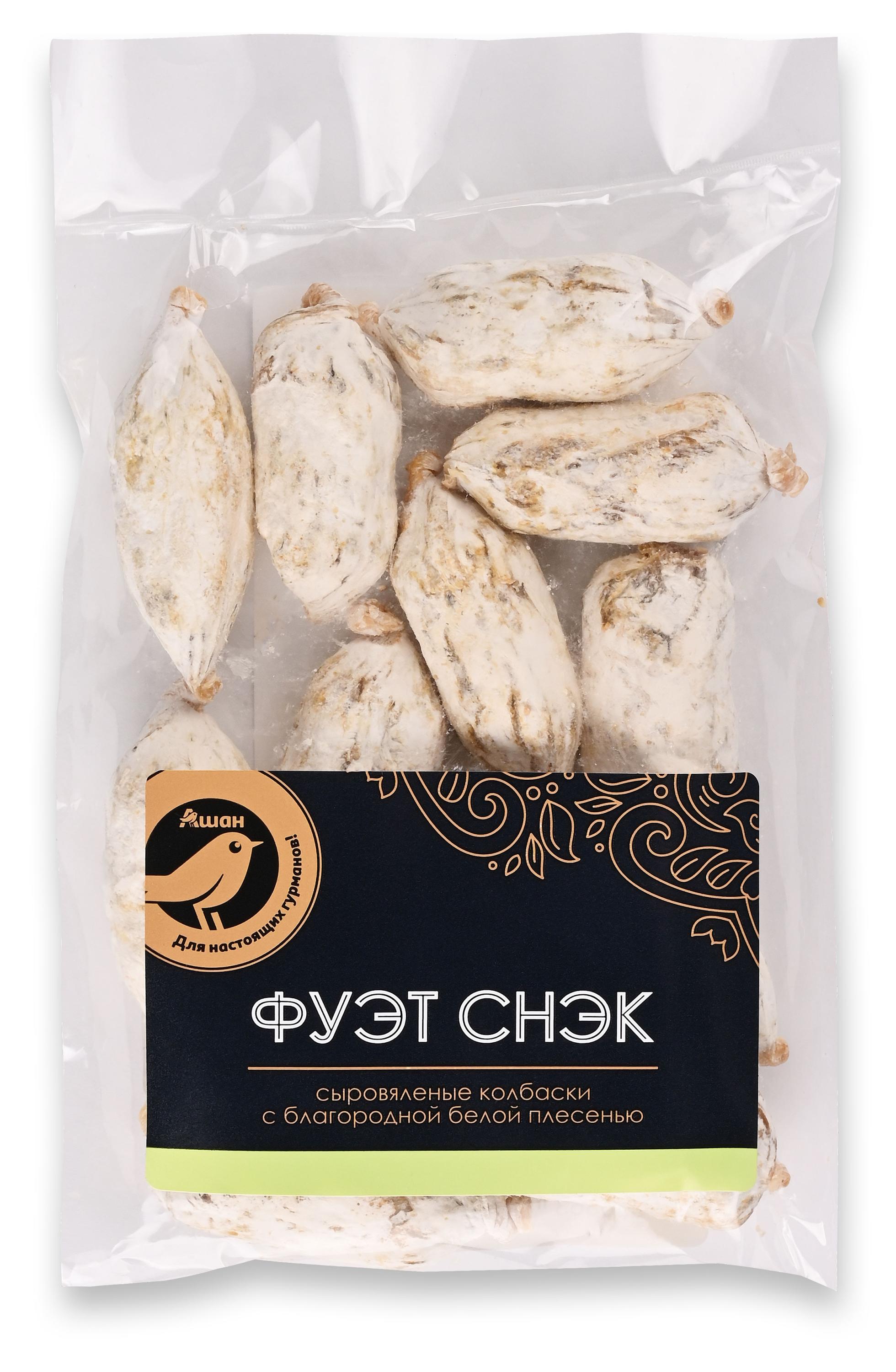 Мясные снеки Колбаски сыровяленые полусухие АШАН Золотая птица Фуэт снэк с благородной белой плесенью, 90 г