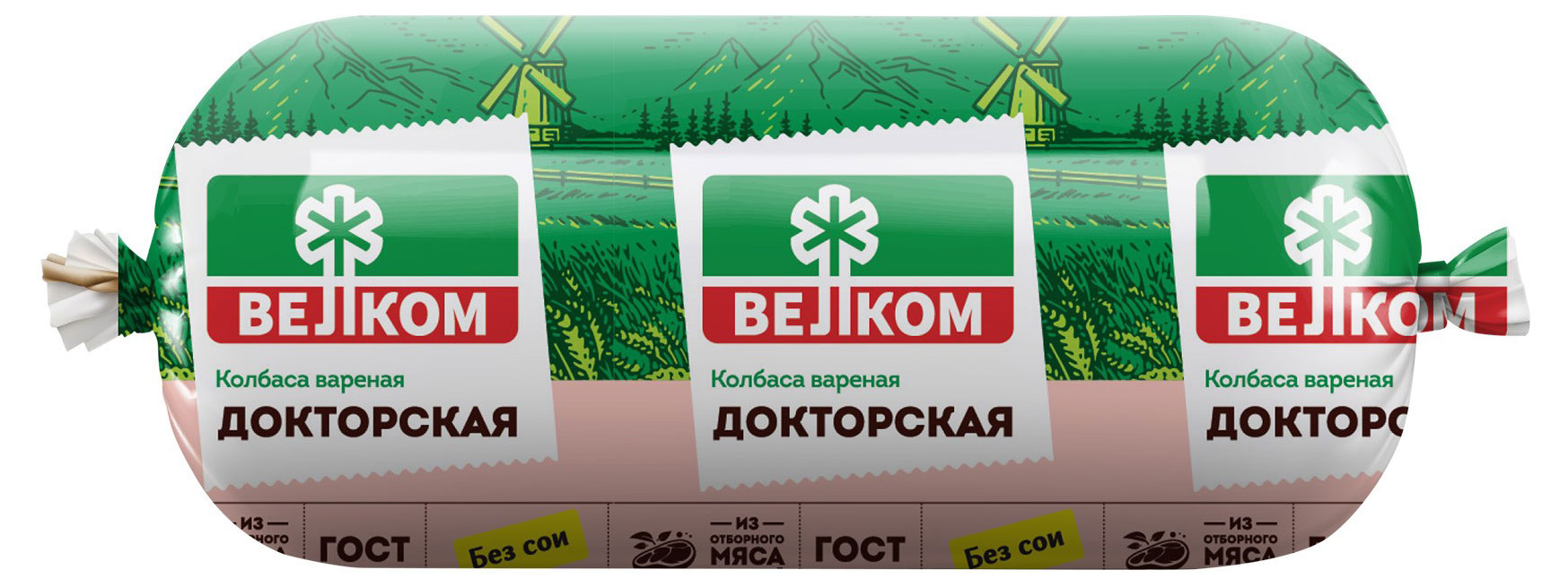 Колбаса вареная ВЕЛКОМ Докторская из свинины и говядины без сои ГОСТ, 400 г
