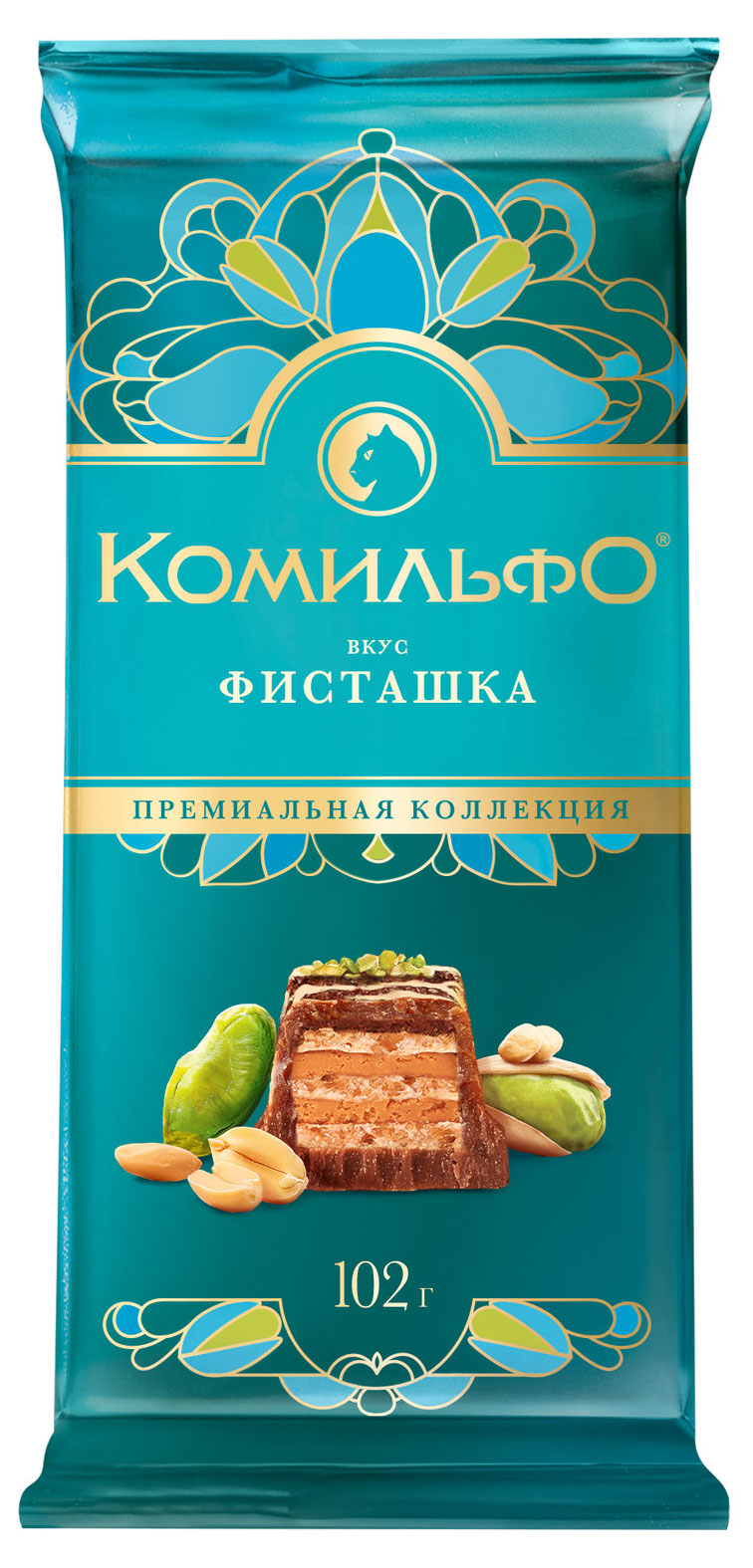 Шоколад Комильфо Молочный и белый с вафлей со вкусом фисташки, 102 г