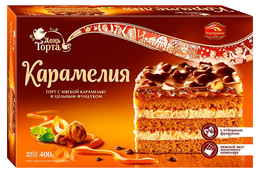 Торт бисквитно-заварной День торта Карамелия с карамельной начинкой покрытой мягкой карамелью с фундуком, 400 г