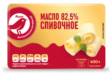 Масло сливочное АШАН Красная птица брикет 82,5% БЗМЖ, 400 г
