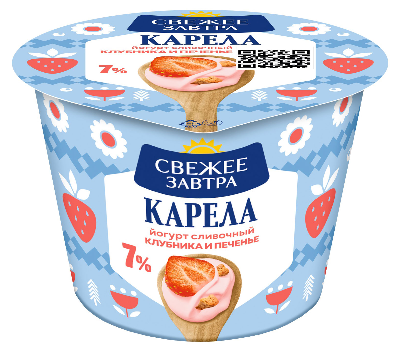 Йогурт сливочный густой ложковый Свежее Завтра Карела с клубникой и печеньем 7%, 180 г