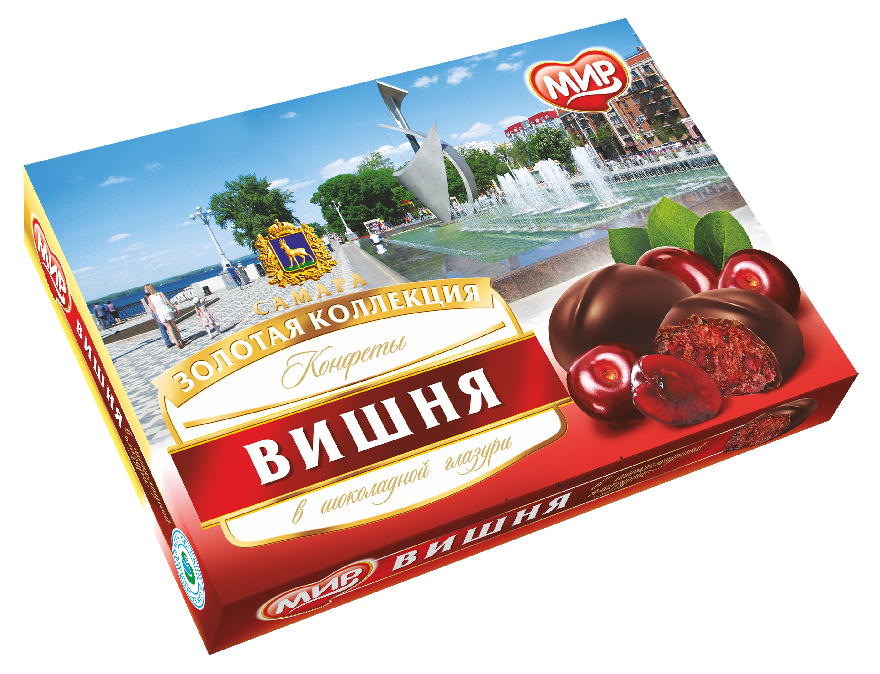 Конфеты Мир в шоколадной глазури с начинкой из сухофруктов Вишня, 160 г