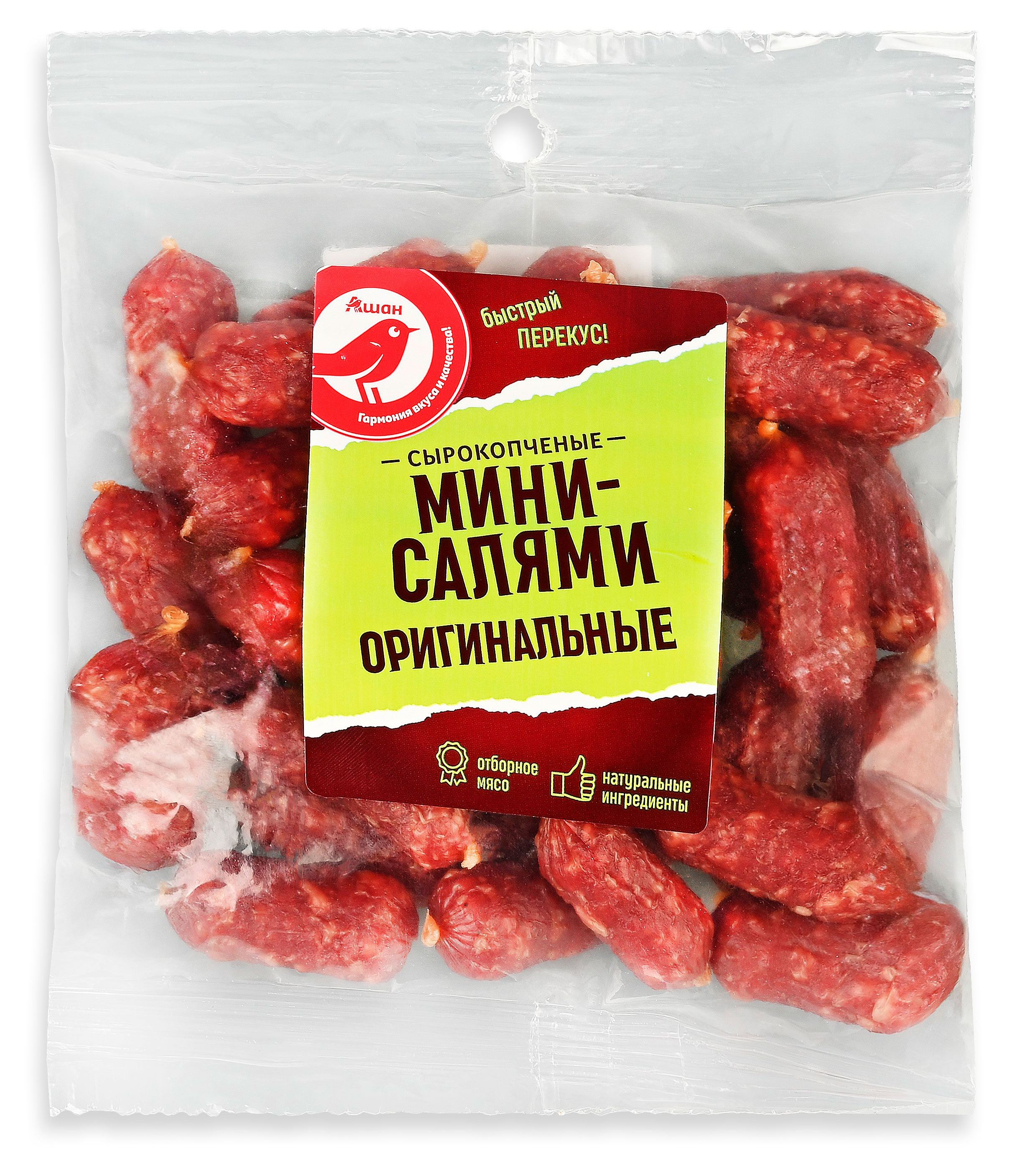 Мясные снеки Колбаски сырокопченые АШАН Красная птица Мини-салями оригинальные, 200 г