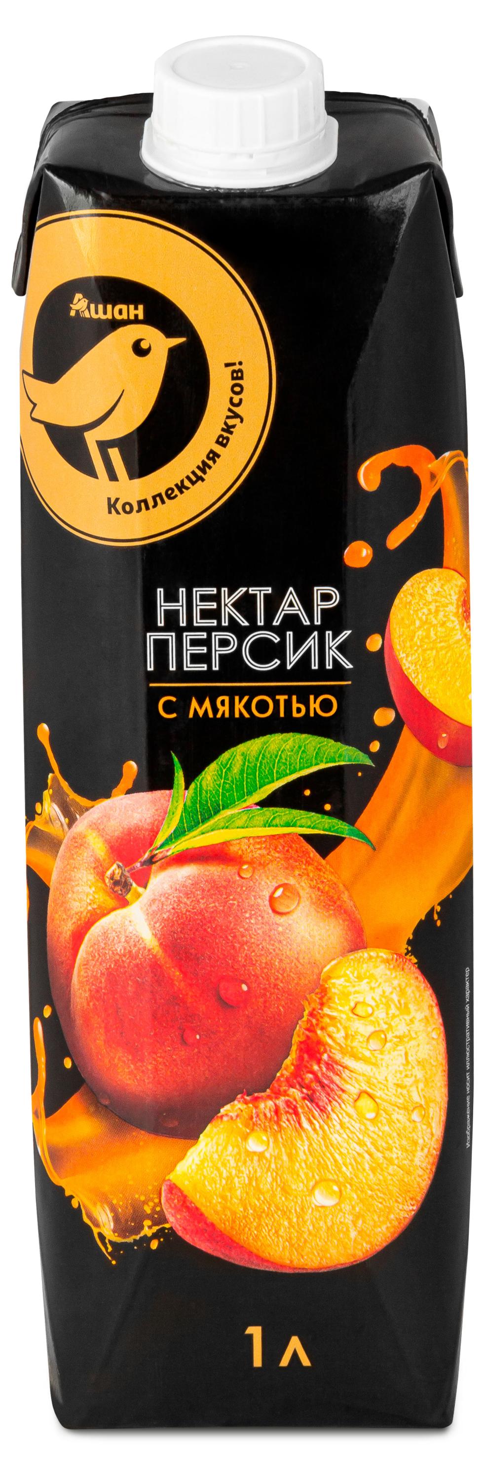 Нектар АШАН Золотая птица персиковый с мякотью с 3 лет, 1 л