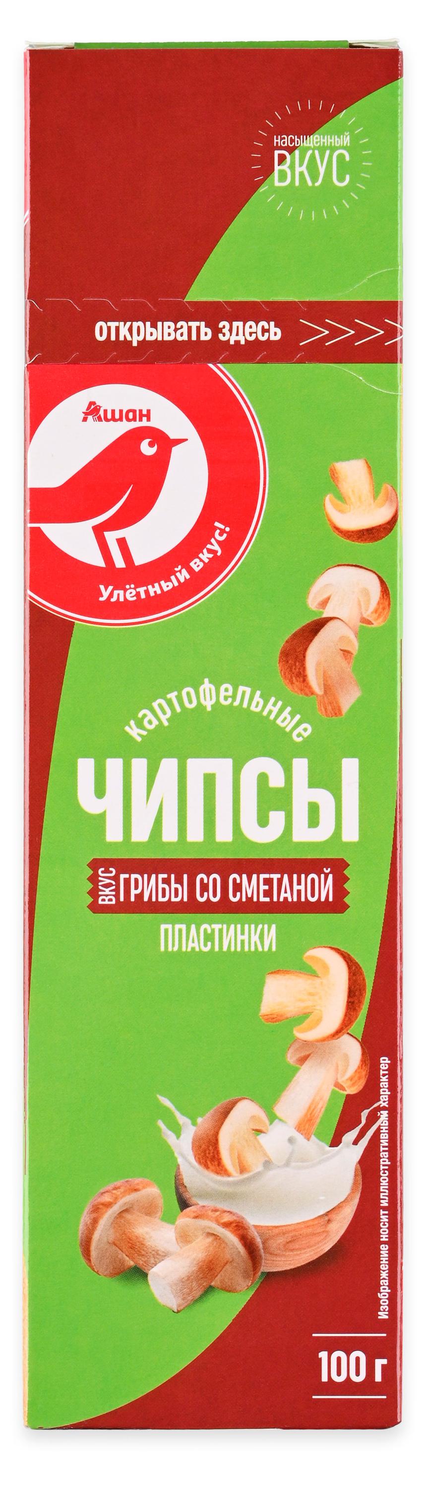 Чипсы картофельные АШАН Красная птица в пластинах со вкусом сметаны и грибов, 100 г