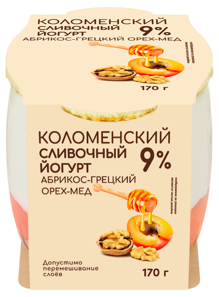 Йогурт сливочный густой ложковый Коломенский Абрикос-грецкий орех-мед в стеклянной банке 9%, 170 г