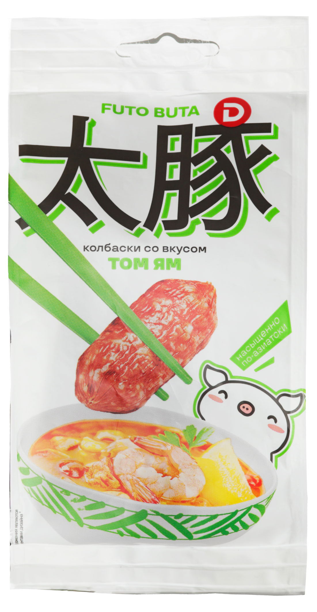 Мясные снеки Колбаски сырокопченые Futo Buta со вкусом Том Ям полусухие острые, 50 г