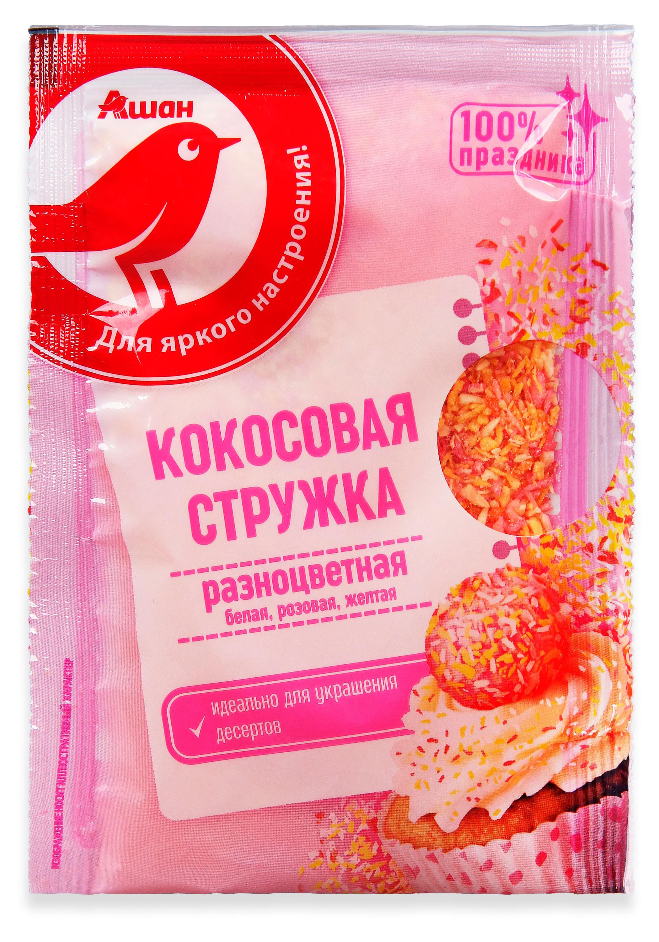 Кокосовая стружка АШАН Красная птица разноцветаная, 40 г